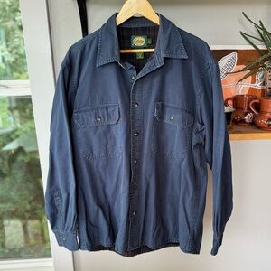 Cabela’s Navy Blue Cotton Canvas Plaid Flannel Lined Shirt Jacket Shacket Large